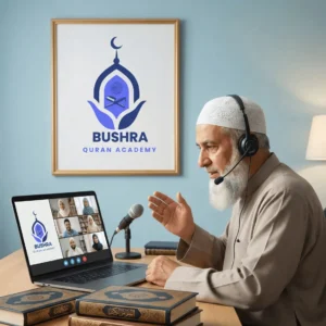 Elder Islamic teacher conducting an online Quran class via laptop with students visible on video call, surrounded by Quran copies, at Bushra Quran Academy.