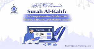 Close-up of Surah Al-Kahf verses in a Mushaf with clear Arabic script and English translation on the side, highlighting the story of the People of the Cave for BushraQuranAcademy students.