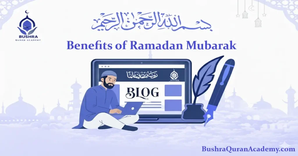 A high-quality infographic displaying the spiritual and health benefits of Ramadan Mubarak, such as mental clarity, detoxification, and increased empathy.