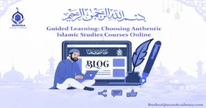 A focused student using a laptop to access Islamic Studies Courses Online with Bushra quran academy, featuring a digital Quran interface and hand written study notes.
