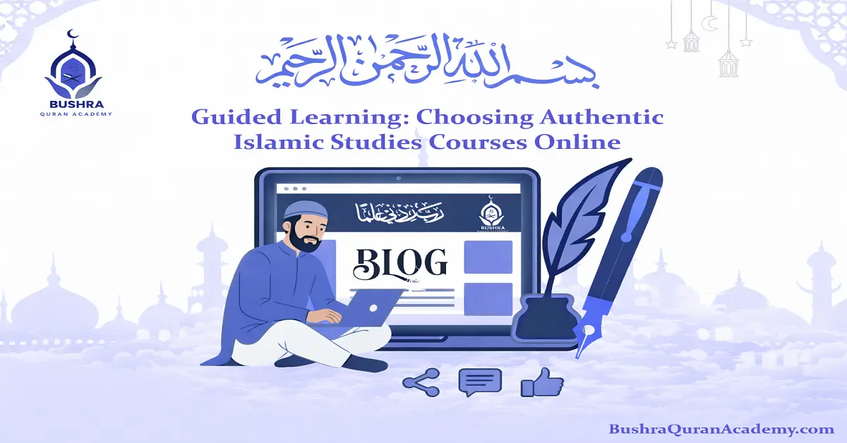 Authentic Islamic Studies Courses Online | Bushra Academy 3 A focused student using a laptop to access Islamic Studies Courses Online with Bushra quran academy, featuring a digital Quran interface and hand written study notes.