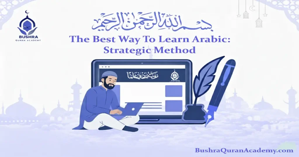A visual guide showcasing the best way to learn Arabic, featuring icons for listening practice, vocabulary building, and speaking with native tutors.