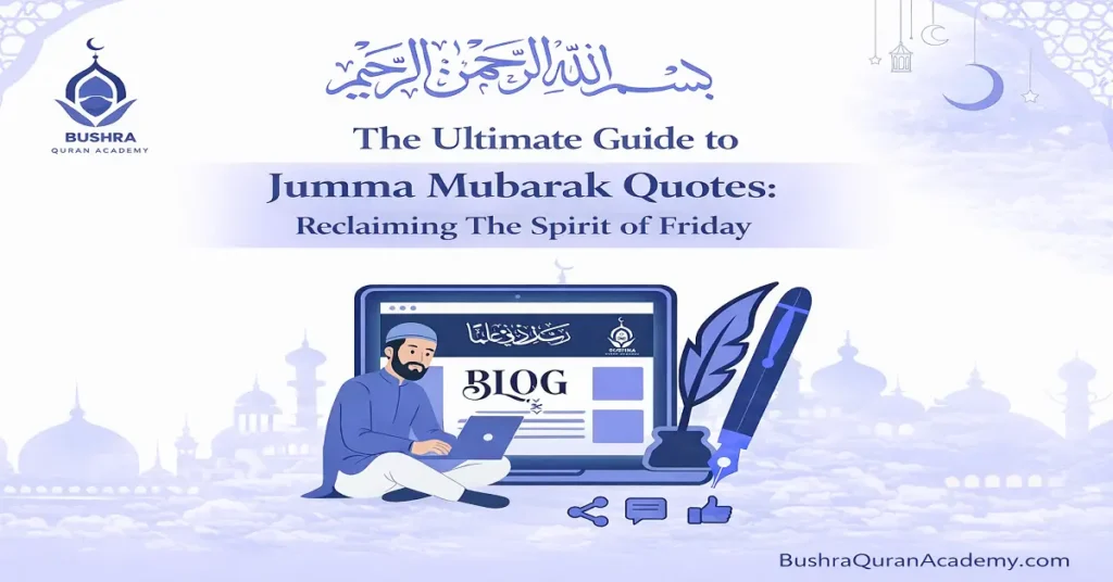 High-quality Islamic graphic featuring beautiful Jumma Mubarak Quotes in English and Urdu with a peaceful mosque background.