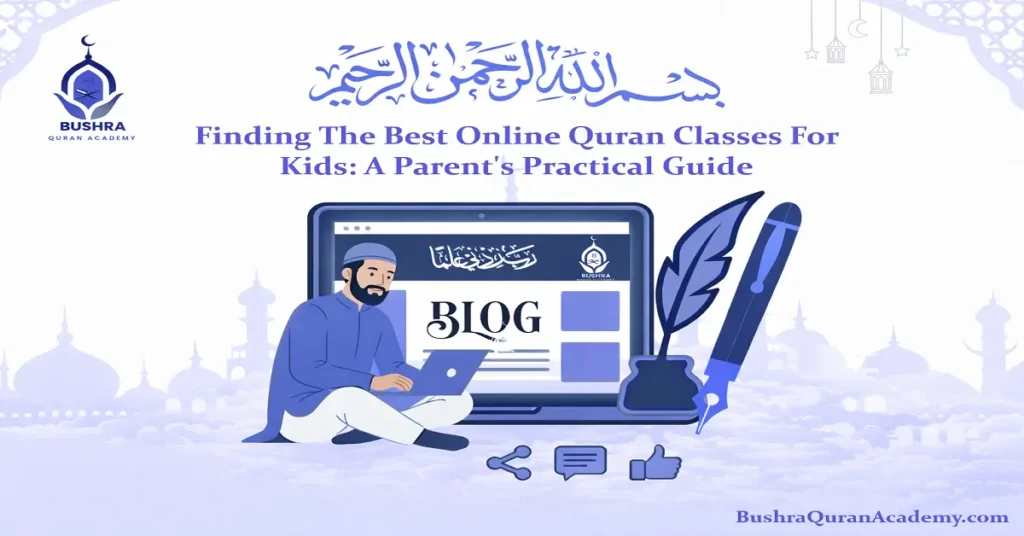Young boy smiling while using a laptop for his one-on-one Online Quran Classes for Kids with a female teacher.