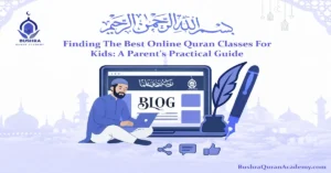 Young boy smiling while using a laptop for his one-on-one Online Quran Classes for Kids with a female teacher.