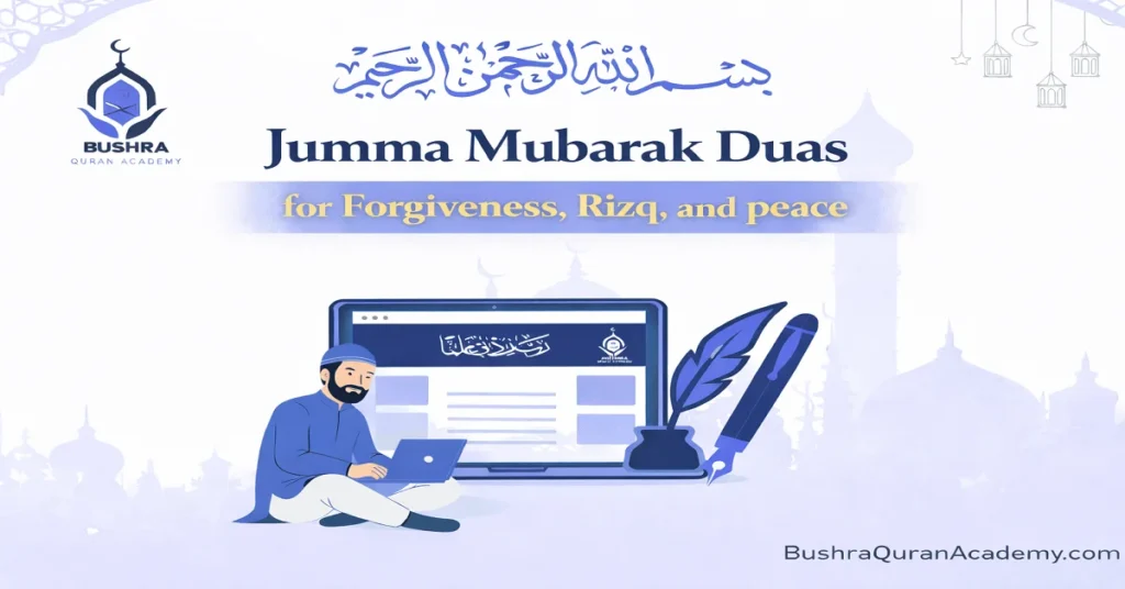 Islamic graphic for Bushra Quran Academy showing Jumma Mubarak Duas for forgiveness and Rizq with golden Arabic calligraphy and a blue mosque background.