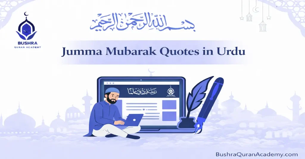 Beautiful Islamic graphic featuring Jumma Mubarak quotes in Urdu Nastaliq script with elegant mosque architecture background.