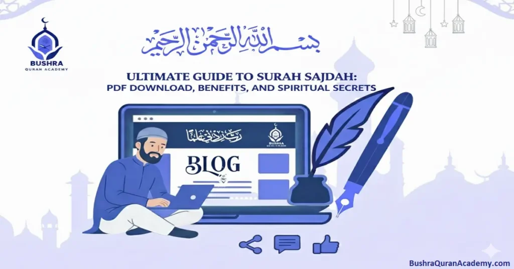 Home 19 Ultimate guide to Surah Sajdah featuring PDF download options, spiritual benefits, and Tajweed tips at Bushra Quran Academy.