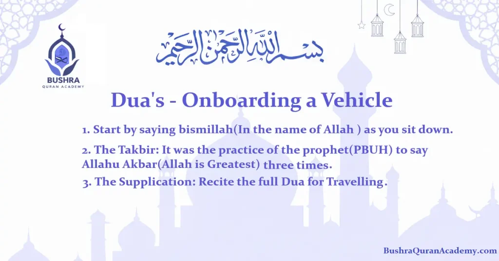 A clear, minimalist digital graphic displaying the specific prayer for onboarding a vehicle, featuring the dua for travelling in elegant Arabic calligraphy with a readable English translation.