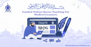 A young student participating in a guided online Quran teaching session using a laptop and headphones in a bright, modern home office."