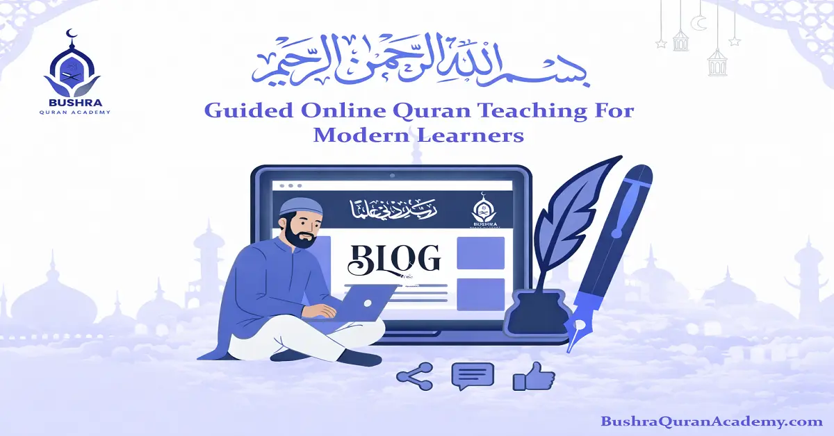 A young student participating in a guided online Quran teaching session using a laptop and headphones in a bright, modern home office."
