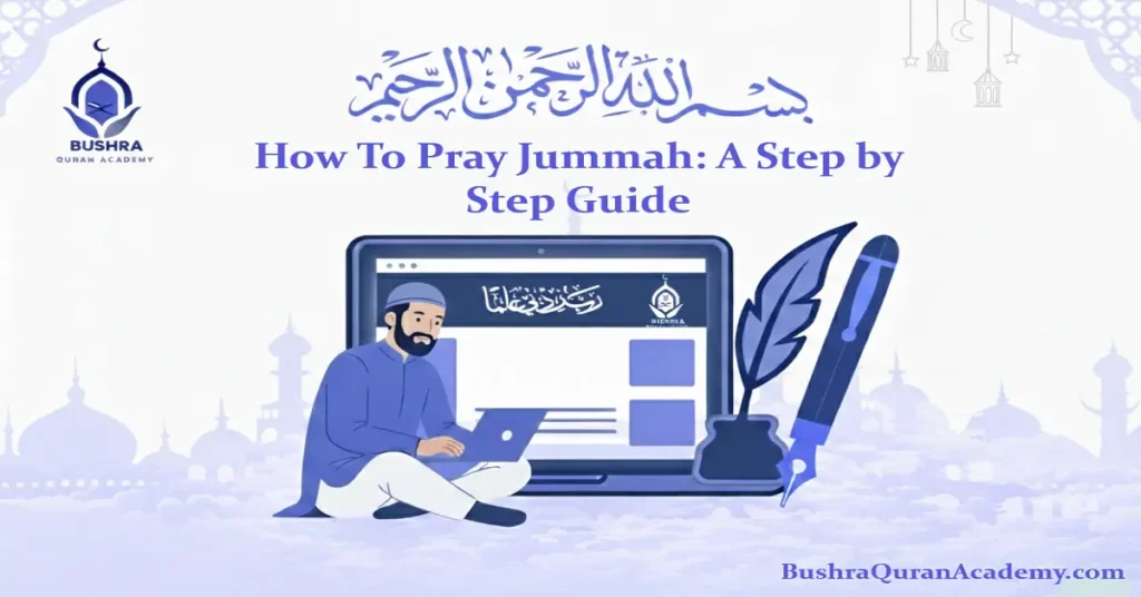 A clear, instructional visual showing a congregation in the bowing position, demonstrating the proper form for how to pray Jummah during the Friday service.