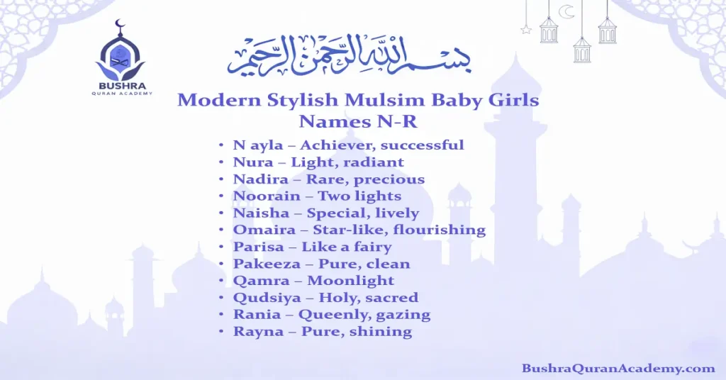 A stylish list of modern Muslim baby girl names N-R including Nayla, Pari, and Raisa with elegant aesthetic backgrounds.