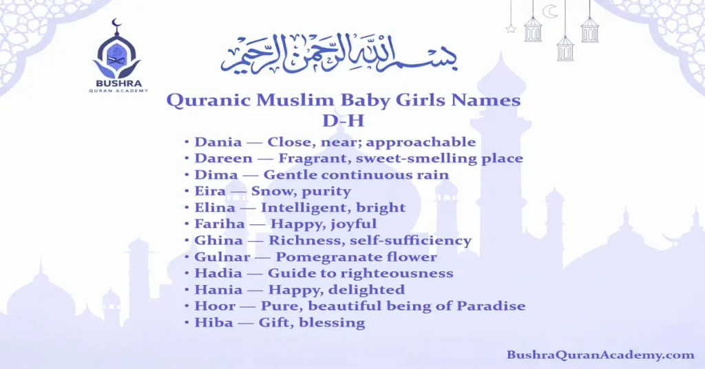 Table of Quranic girl names D-H including Du'a, Farah, and Hadiya with Arabic calligraphy.