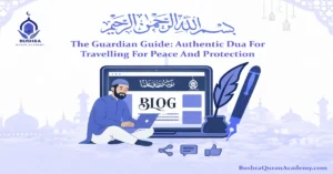 A high-quality digital card displaying the authentic dua for travelling in clear Arabic script with English translation, positioned against a peaceful travel background.