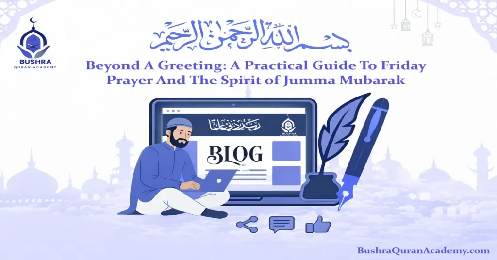 A peaceful mosque interior where a congregation gathers for Friday prayer, embodying the spiritual serenity of a blessed Jumma Mubarak.