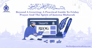 A peaceful mosque interior where a congregation gathers for Friday prayer, embodying the spiritual serenity of a blessed Jumma Mubarak.