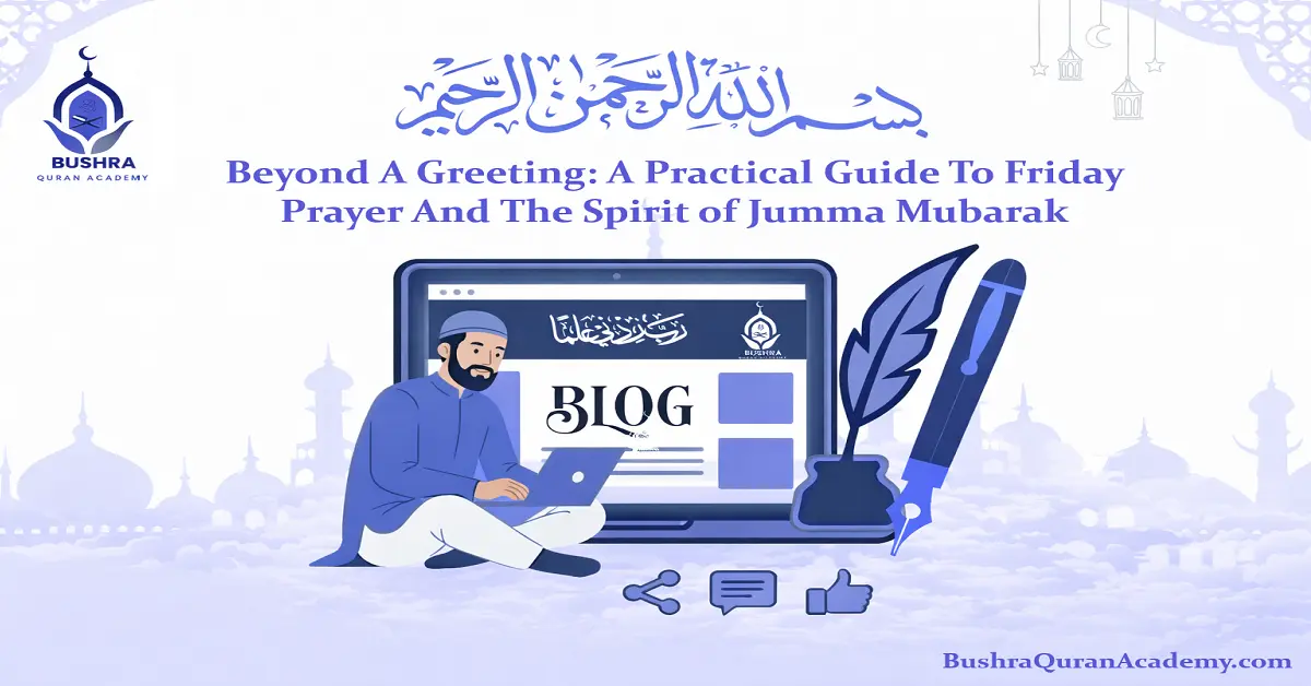 A peaceful mosque interior where a congregation gathers for Friday prayer, embodying the spiritual serenity of a blessed Jumma Mubarak.