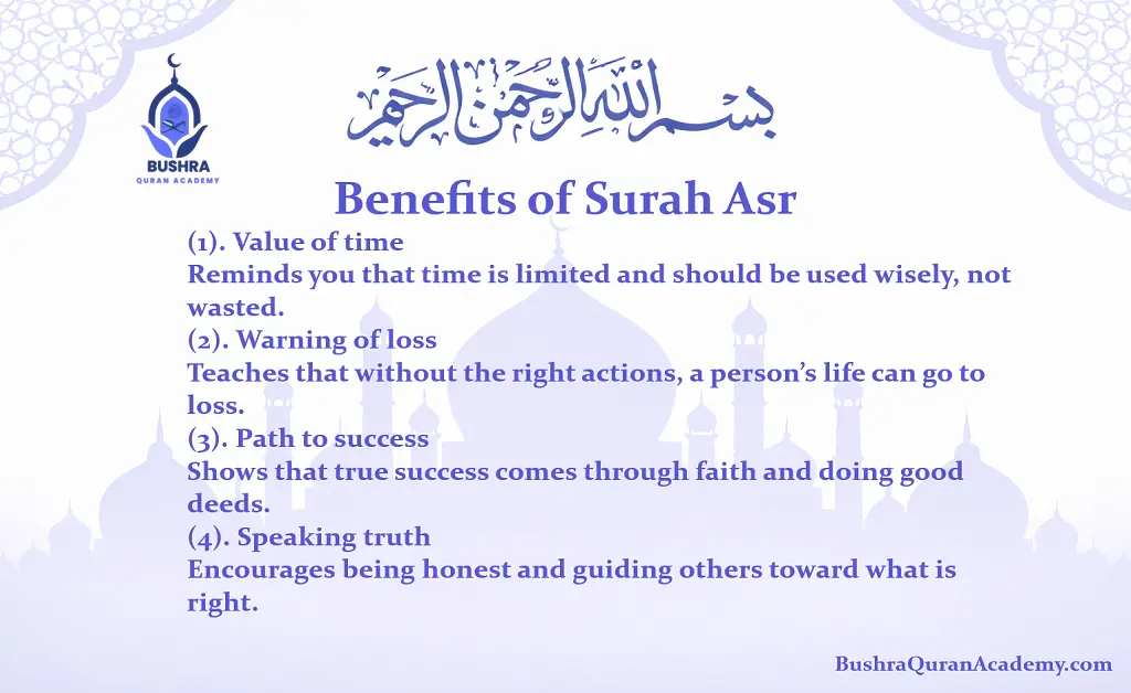 An open Quran showing the Arabic text used to teach students the benefits of Surah Asr at Bushra Quran Academy.