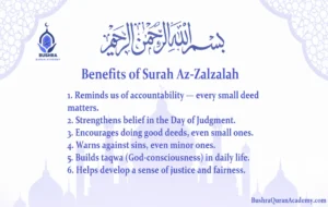 A visual summary highlighting the spiritual benefits of Surah Az-Zalzalah for students at Bushra Quran Academy.
