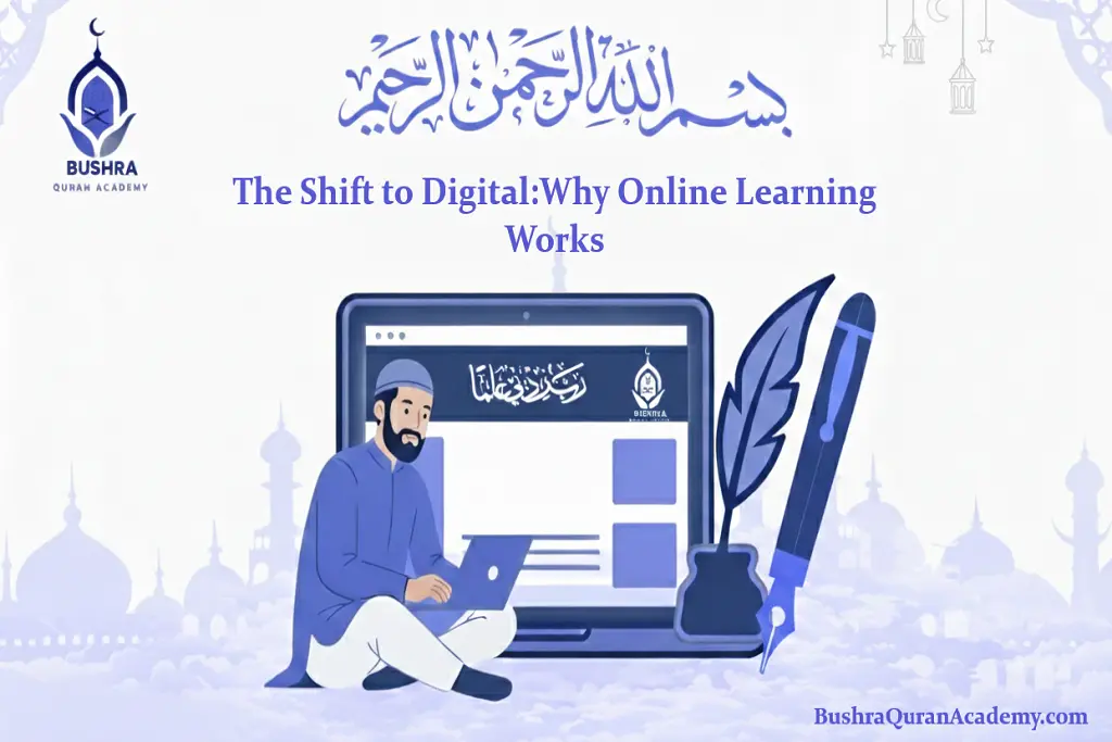 A modern workspace showcasing The Shift to Digital Why Online Learning Works Today through a laptop screen displaying an interactive virtual classroom.