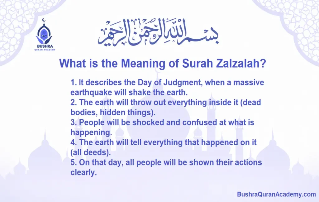 An educational slide explaining what is the meaning of Surah Zalzalah for students at Bushra Quran Academy.