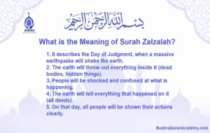 An educational slide explaining what is the meaning of Surah Zalzalah for students at Bushra Quran Academy.