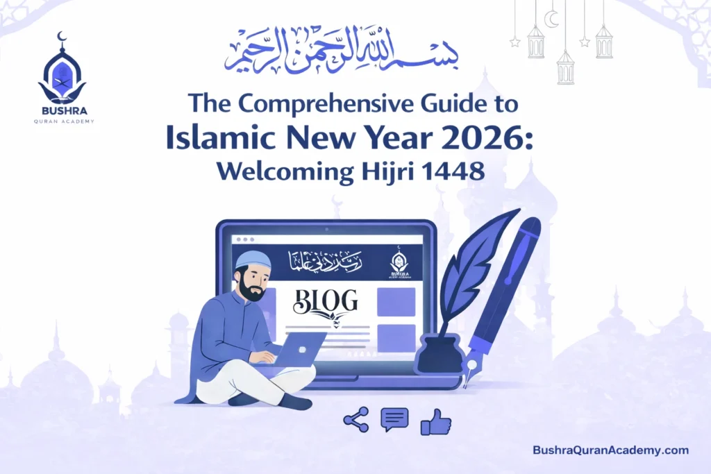 A golden crescent moon shining over a serene mosque at night to celebrate the Islamic New Year 1448.