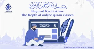 A focused student using a laptop for Quran recitation online through Bushra Quran Academy, showing the integration of digital tools and traditional spiritual study.