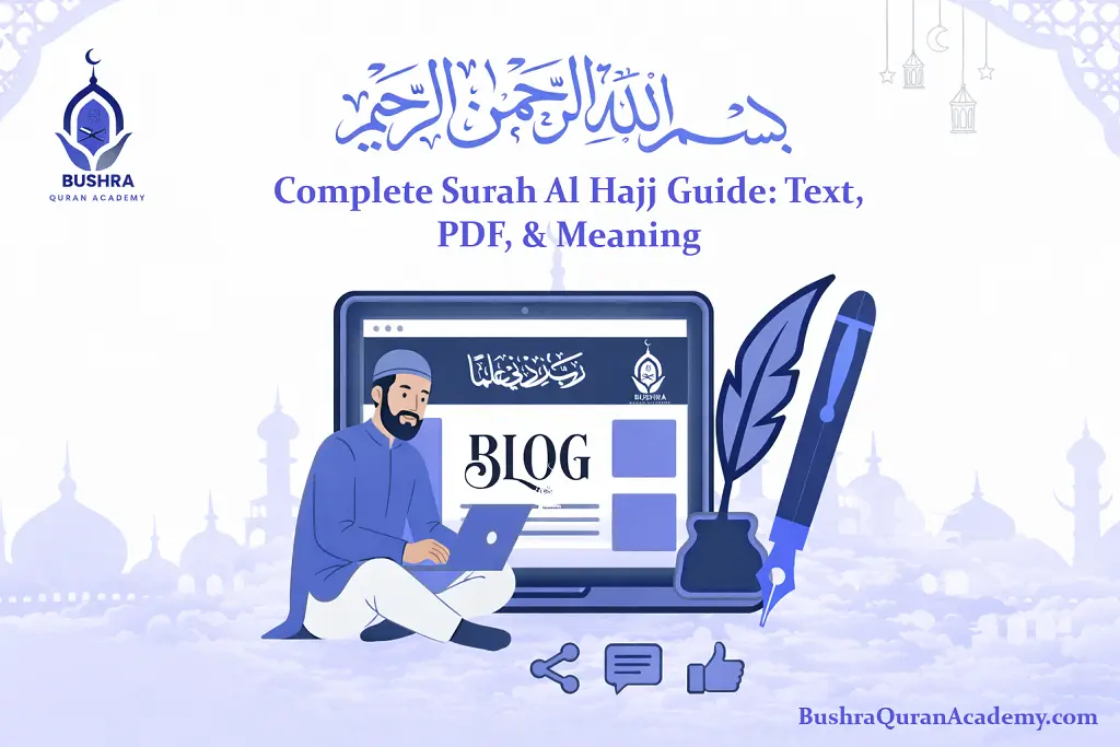 Digital mockup of the Complete Surah Al Hajj Guide Text PDF & Meaning opened on a tablet at Bushra Quran Academy