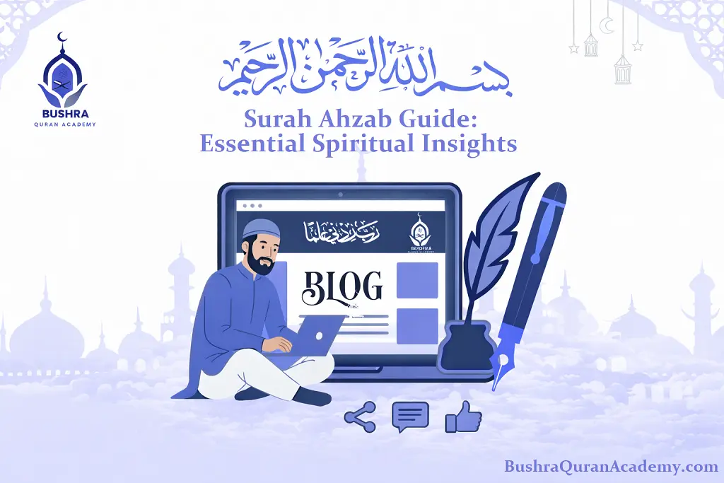A comprehensive Surah Ahzab guide featuring spiritual insights and Arabic calligraphy, provided by Bushra Quran Academy for students of Islamic history and Quranic studies.