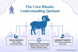 A clean, minimalist infographic guiding readers through the core rituals and steps for Understanding Qurbani distribution.
