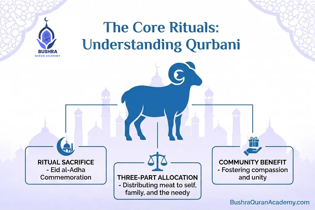 A clean, minimalist infographic guiding readers through the core rituals and steps for Understanding Qurbani distribution.