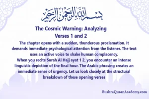 Typographic lecture slide highlighting The Cosmic Warning Analyzing Verses 1 and 2 of Surah Al-Hajj from Bushra Quran Academy