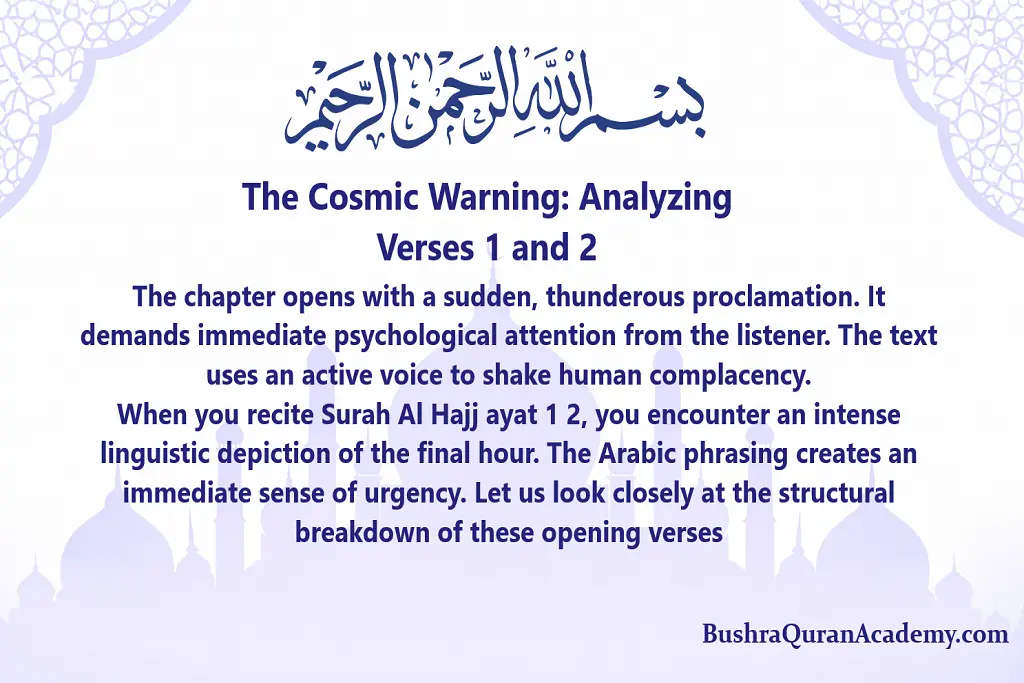 Typographic lecture slide highlighting The Cosmic Warning Analyzing Verses 1 and 2 of Surah Al-Hajj from Bushra Quran Academy