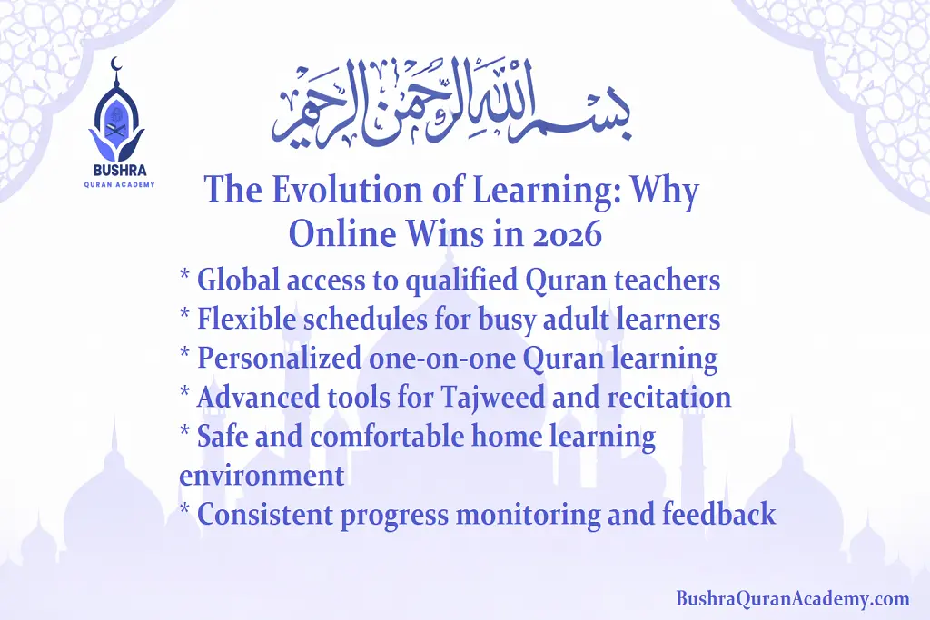 A futuristic split-screen graphic showing the evolution of learning, featuring a traditional lecture hall next to a student using a VR headset for online education in 2026.