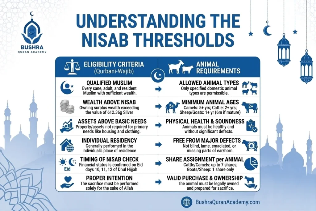 A detailed infographic explaining the gold and silver nisab thresholds for accurate online Zakat calculation.