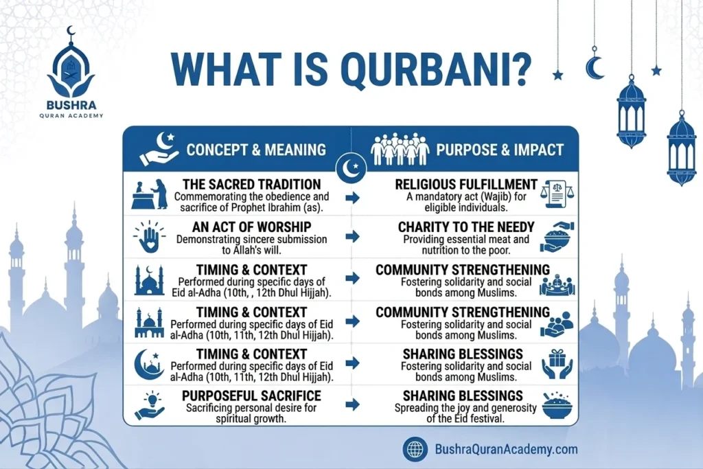 An informative graphic outlining the essential Islamic rules and distribution guidelines for what is Qurbani.