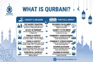 An informative graphic outlining the essential Islamic rules and distribution guidelines for what is Qurbani.