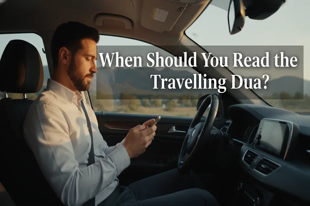 A traveler sitting comfortably in a vehicle, prepared to recite the Dua for travel before the journey begins.