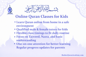 A young student smiling while wearing a headset and following a lesson during online quran classes for kids provided by Bushra Quran Academy.
