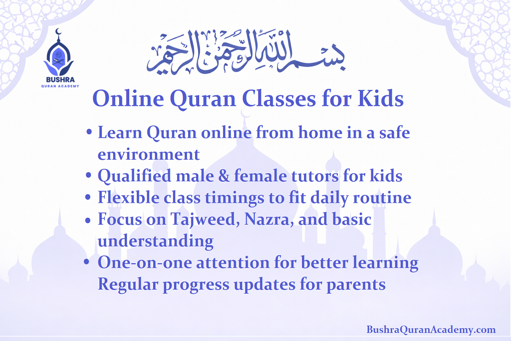 A young student smiling while wearing a headset and following a lesson during online quran classes for kids provided by Bushra Quran Academy.
