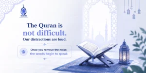 Open Quran on a wooden stand with inspirational quote about distractions and understanding the Quran by Bushra Quran Academy